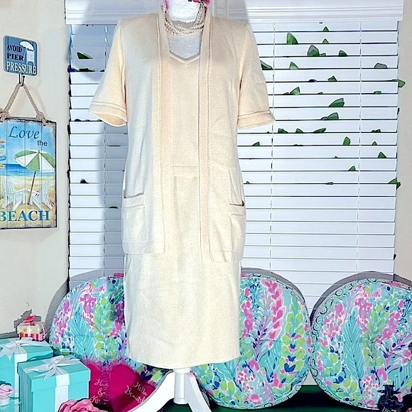 St. John Basics cream Santana knit 3 piece sweater jacket, top & skirt set